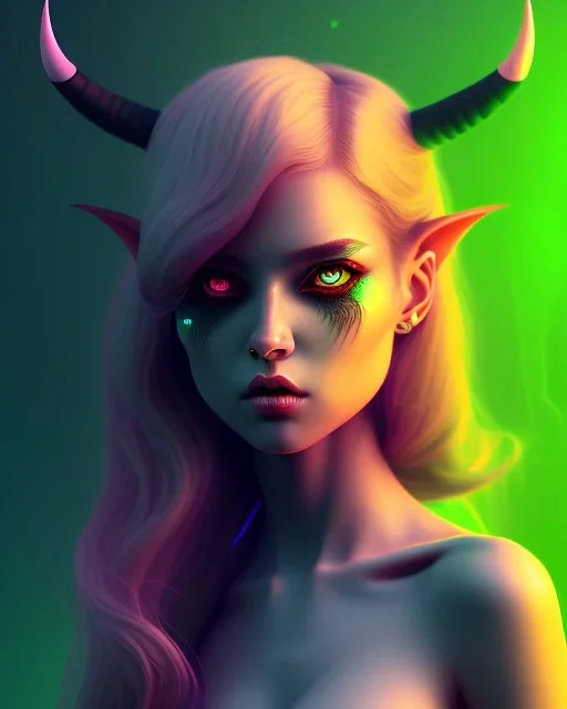 isometric clean art of a cute Demon girl with deep red hair and green eyes and black horns, soft lighting, soft pastel gradients, high definition, 3d icon clay render, blender 3d