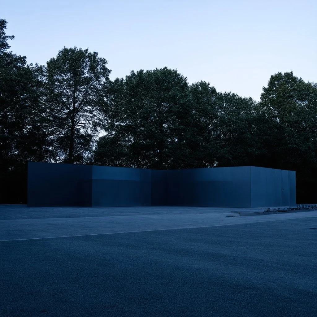 A photo of an installation with a glossy finish. There are trees in the middle ground. In the background, there are grey and blue structures. The atmosphere is eerie. The aspect ratio of the photo is 85:128, and the exposure value is 8.