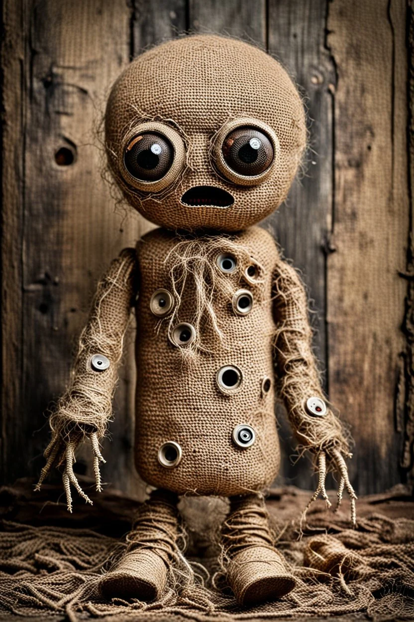 creepy cute burlap doll with scared face, its body is dirty, holey, cracked old burlap, its big head is made of burlap, its two eyes are made of coat buttons, there are stitches on its body , it sits in the corner of a dilapidated, dirty room in a dilapidated house, a spider crawls towards him on the floor, low lighting, detailed, thriller, eerily impressive image