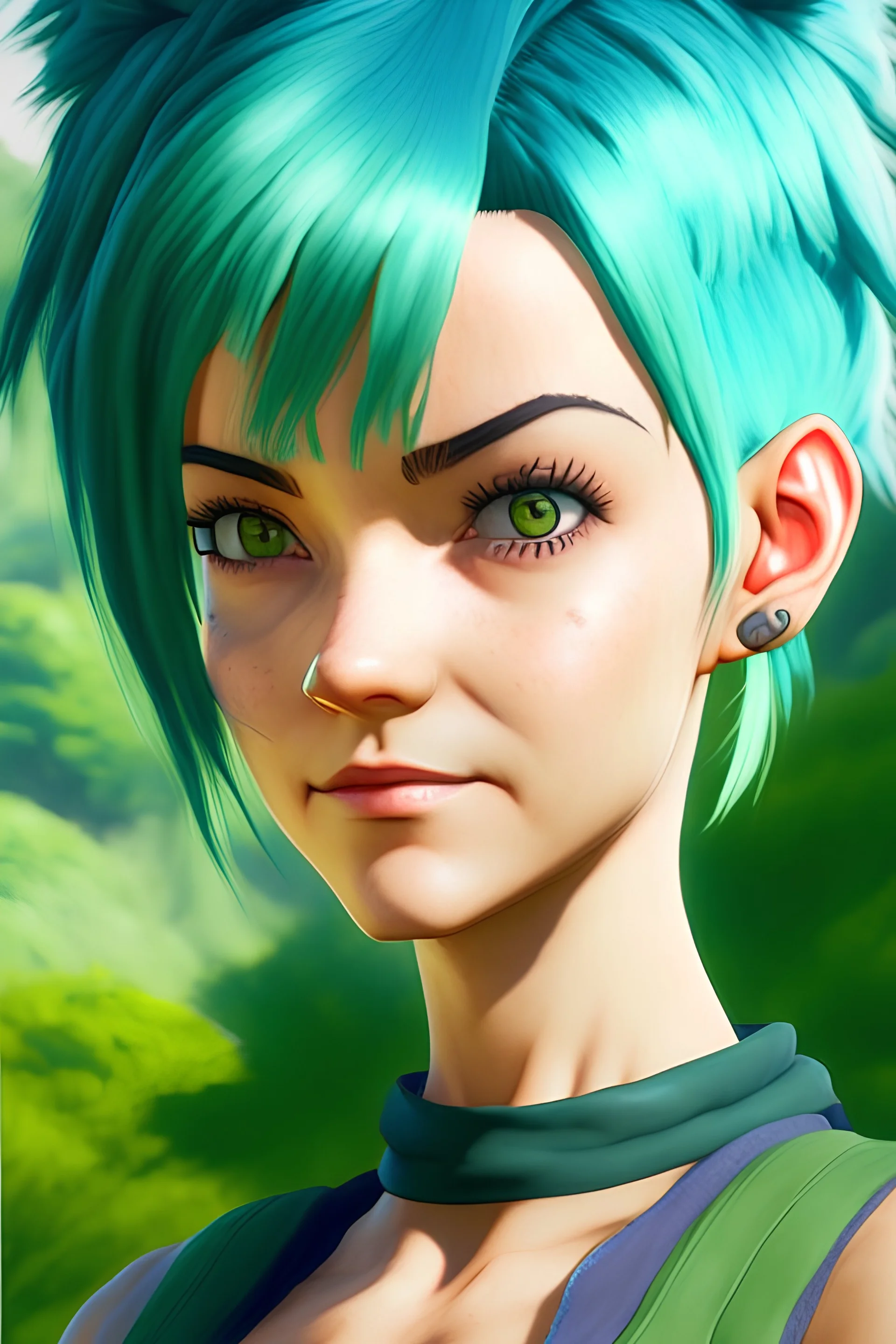 Bulma from Dragon Ball Super, Ultra realistic human like portrait, greenery background,