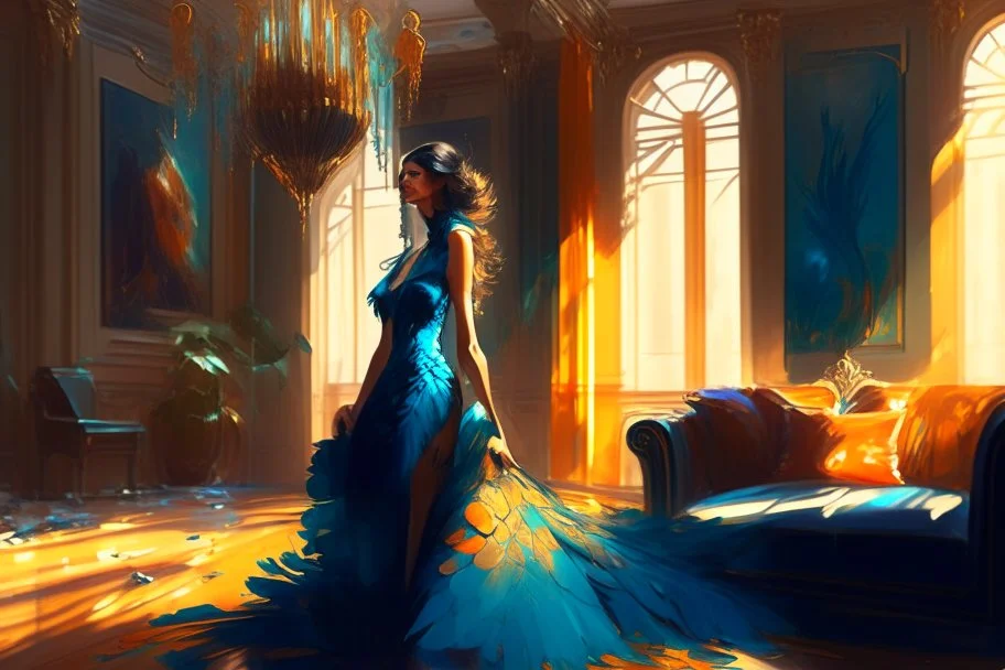 brunette woman standing in an elegant living room in a beautiful peacock feather dress in sunshine Weight:1 8k resolution concept art by Greg Rutkowski dynamic lighting hyperdetailed intricately detailed Splash art trending on Artstation triadic colors Unreal Engine 5 volumetric lighting Alphonse Mucha WLOP Jordan Grimmer orange and teal Weight:0.9