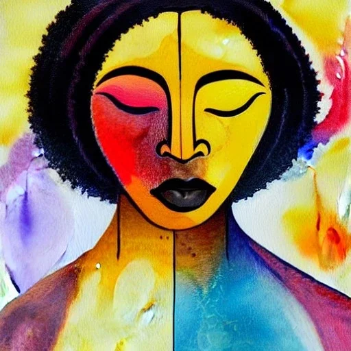 Oil and watercolour painting. Chakras. Sacred geometry. a brain exploding. kintsugi. Chaos. Portrait of a young black woman crying.a mind fracturing.confusion. Tears the colour of oil. Depression seeping out of her eyes nose and mouth like a oil spill