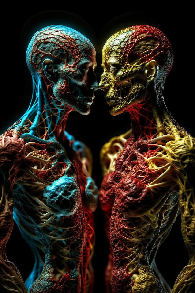 cinematic gore photorealistic fleshy dmt lsd photo of 2 bodies, 1 male 1 female, 1 soul, complementary, anatomically fragmented, ripped apart again being flayed, skinned alive. A beating heart, muscles, blood vessels, bowels, entrails are exposed. anatomy. physiology. astrology. astronomy. hallucinations. mythology. grotesque.