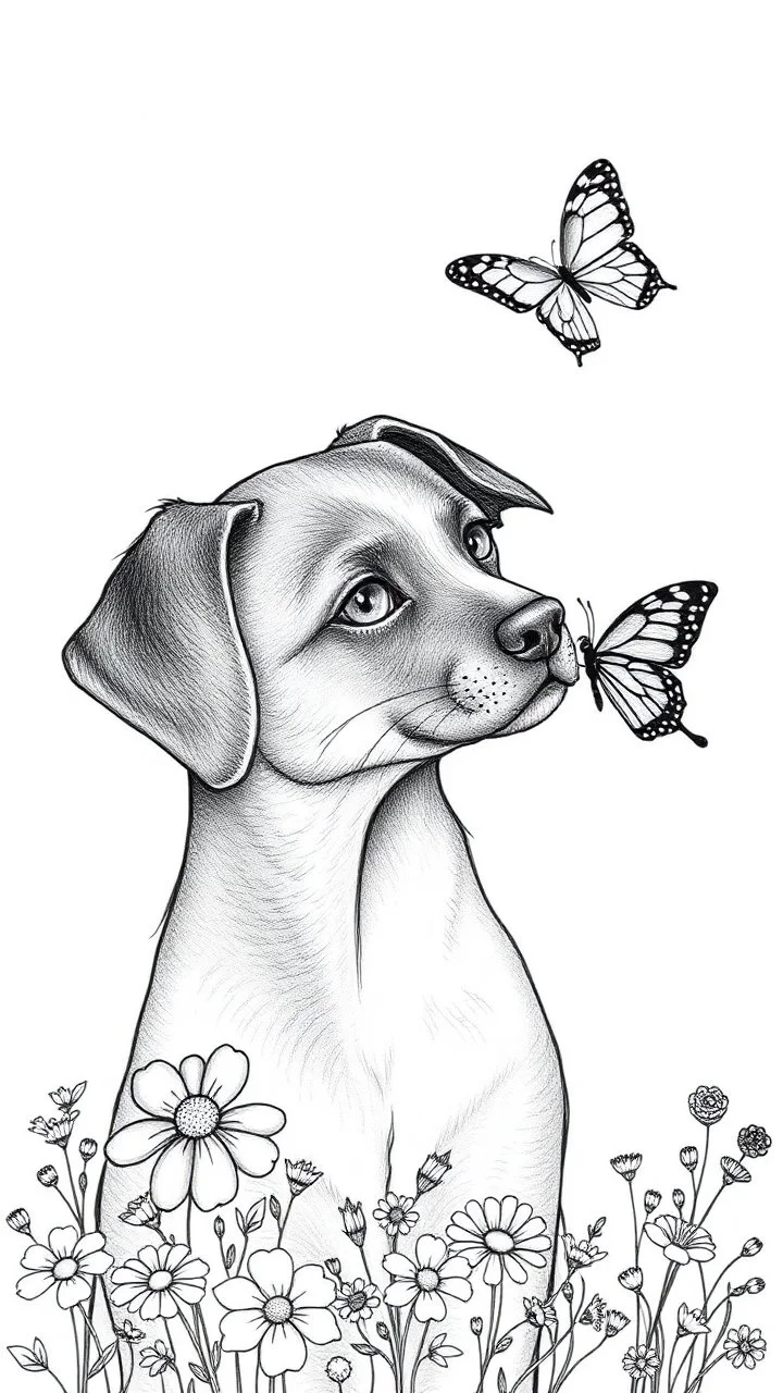Love cat , love dog , add a butterfly on a wild flowers to this picture thin line draw