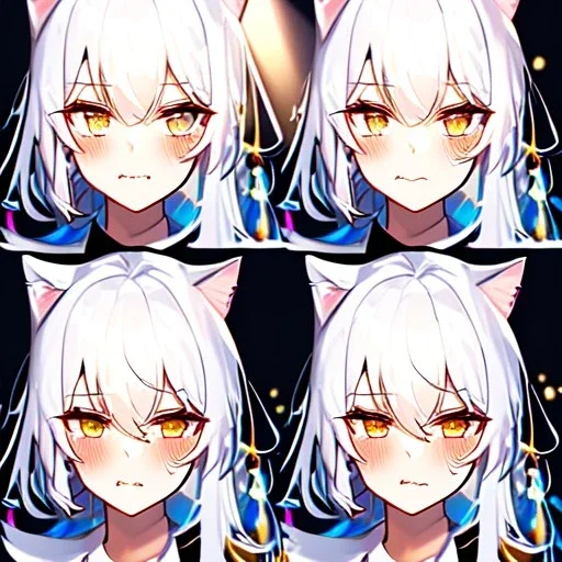 Clear focus, 8k, cat girl, high quality, detailed, white hair, golden eyes, beautiful lighting, vibrant colors, tail, nervous