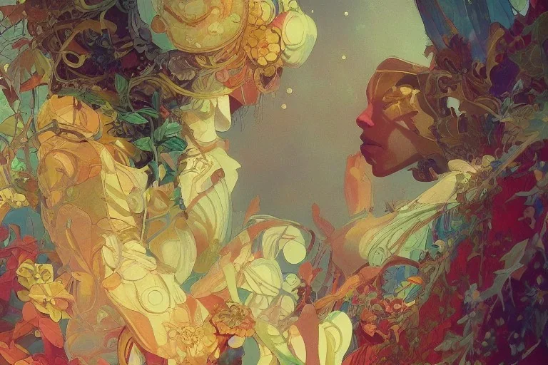 gardenia, colorful, psychedelic, intricate, elegant, highly detailed, digital painting, artstation, concept art, smooth, sharp focus, greg rutkowski art and alphonse mucha, ghibli robot