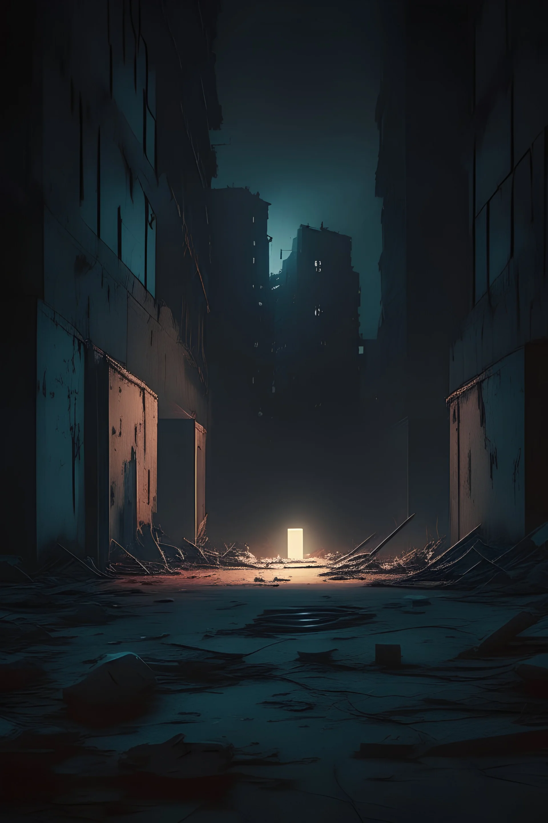 An lonesome light on the ground in the middle of an abandoned city. Animated, Dark color scheme