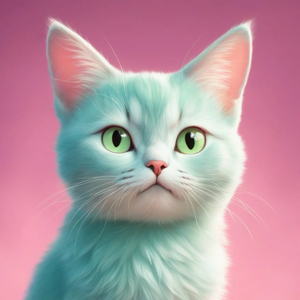 A delightful and adorable cartoon illustration featuring a cute mint-colored cat against a charming pink background, (delightful illustration:1.4), (adorable cartoon cat:1.5), (charming pink background:1.3), (expressive mint hues:1.2), inspired by the styles of cute cartoon artists, trending on ArtStation, Intricate, Sharp focus, vibrant lighting, (whimsical:1.4), (playful ambiance:1.3), (lush fur details:1.5), Cartoon, Masterful, Captivating, High Detail, Cinematic view