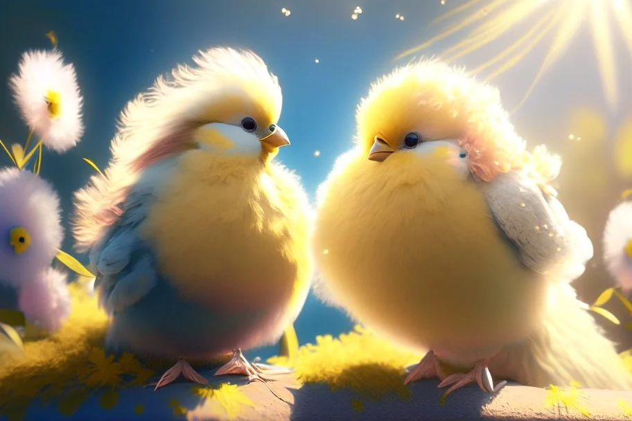 Very fluffy bird couple love, flora, in sparkling sunshine Weight:1 detailed matte painting Weight:0.9