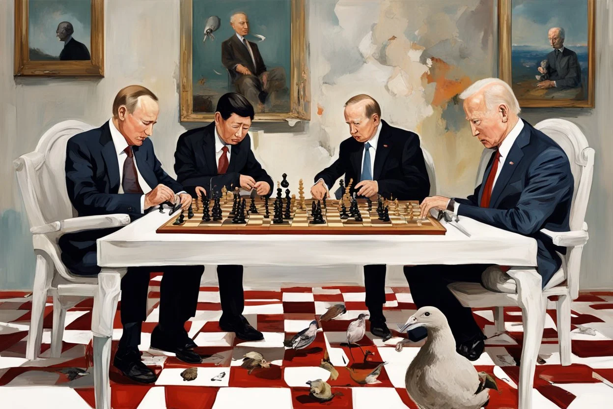 Putin, President Xi Of China And Joe Biden Play Chess With A Pigeon,Ufo And Atomic Bomb Mushroom Cloud,Complex Surgical Instruments Intermixed With A Newborn Boy,Minimalist composition,Painting By Adrian Ghenie,Rene Magritte,Pablo Picasso,Michelangelo,Salvador Dali,Lucian Freud