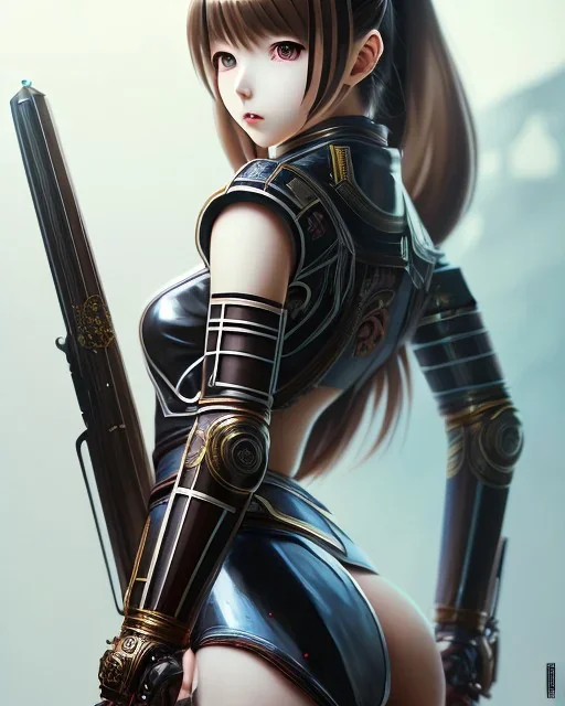 Detailed cute anime Kunoichi girl, brown hair, black latex bodysuit, intricate details, full body portrait, keep head in frame, slight smile, black Japanese motif, concept art, highly detailed, digital painting, concept art, sharp focus, illustration, art by Yoji Shinkawa, WLOP and greg rutkowski and alphonse mucha and artgerm and yanjun Chen and Junji ito and Makoto Shinkai, HDR, octane render.