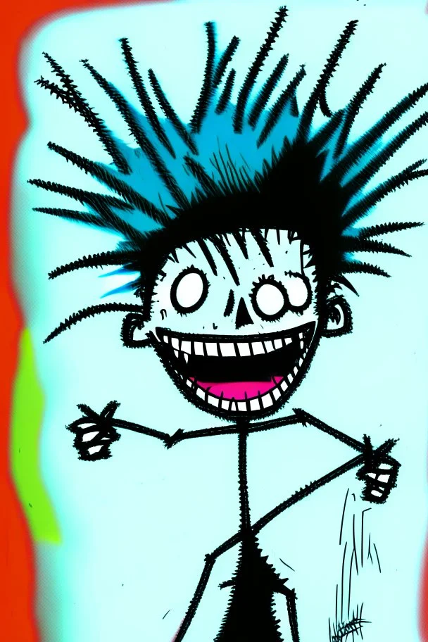 2d drawing of a stickman, cool with punk hair, x eyes like in hangman, laughing excitedly ,3d realistic in colour