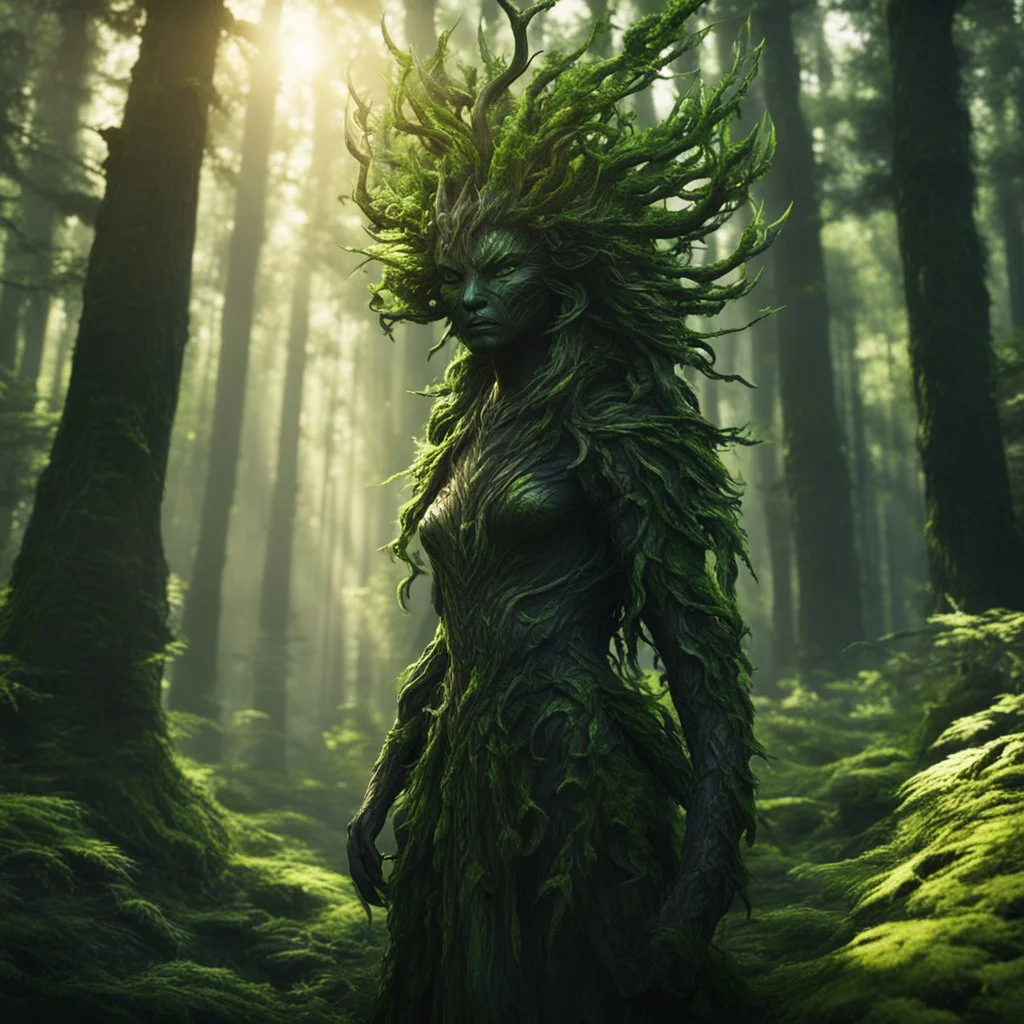 create a female shadowed forest spirit guardian , with highly detailed, sharply lined facial features, in the deep forest of Brokilon , 4k