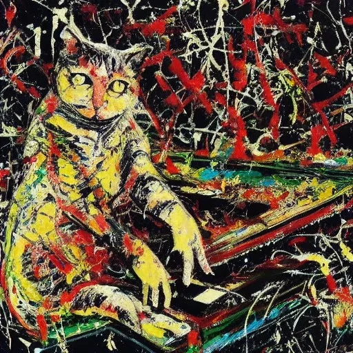 cat playing piano in style of jackson pollock painting