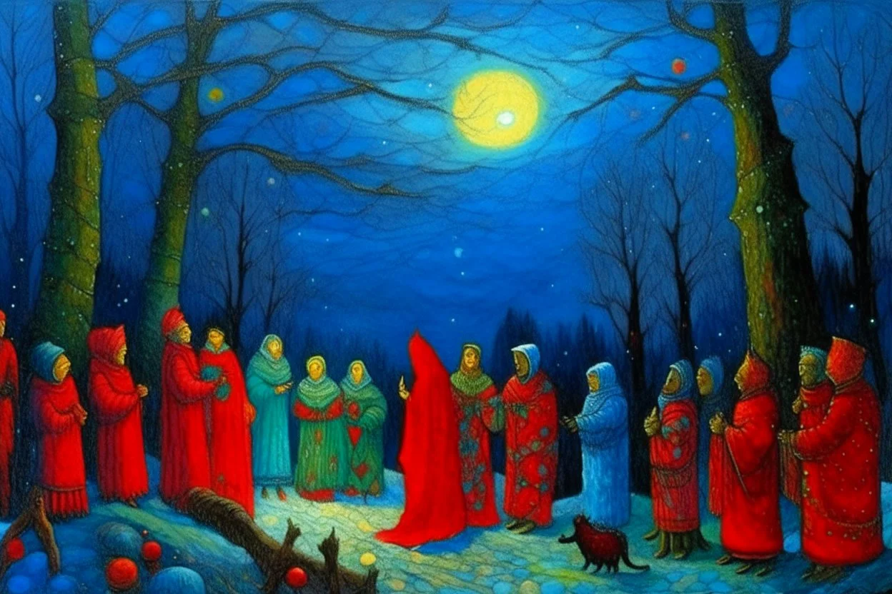 Winter solstice celebration under a starry sky, bonfire, night Creatures watch from the edge of the forest colourful Zdzisław Beksiński Picasso naive art Henri Matisse Alex Grey SALVADOR DALI Andy Warhol Paul Gauguin Claude Monet Gustav Klimt Ernst Ludwig Kirchner Tim Burton graffiti zentangle Marc Chagall Jackson Pollock Francis Bacon Egon Schiele Georges Seurat M.C. Escher Joan Miró Louis Wain Victo Ngai Enki Bilal Camille Pissarro art brut Odilon Redon Remedios Varo primitivism Jean-Michel