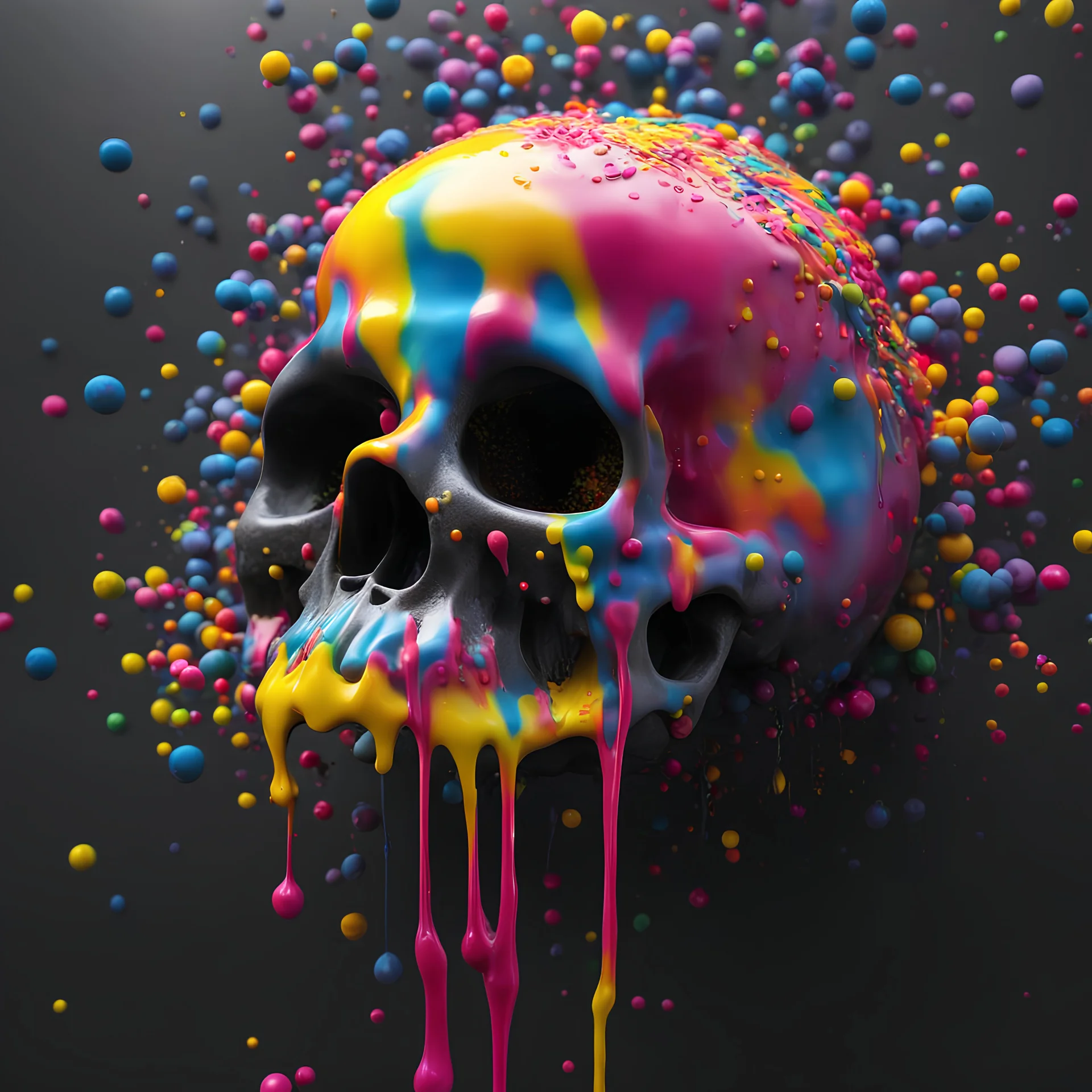 ((melting black skull)) dripping pink and yellow acrylic paint, fluid form, gooey, 3D animation style, rainbow coloured sprinkles, 3D expressive CGI, animated photorealism, liquid pop surrealism, ((Art Baltazar, KAWS and Francis Bacon)), HDRI, hyper detailed, stylised, creative cinematic, lighting, depth of field, smooth surface, vibrant, surreal art, ray tracing, rim lighting, ground reflections, cgsociety, Maya, Arnold Render, Houdini FX