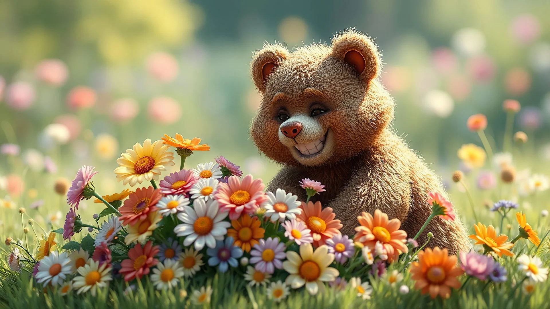 Benny[cartoonic bear] grinning mischievously as he looks at the pile of flowers