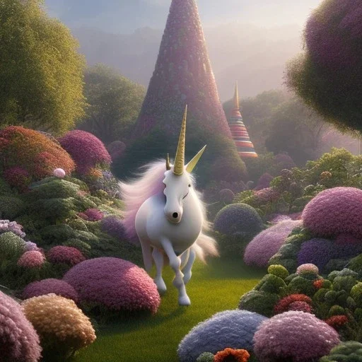 pixar style, volumetric summer garden environment and background, realistic painting of an unicorn, looking excited, volumetric lighting, dramatic lighting, detailed digital painting, extreme dense and fine fur, anime, ornate, colour-washed colors, elegant, small minutiae, tiny features, particulars, centered, smooth, sharp focus, renderman gofur render, 8k, uhd, detailed eyes, realistic shaded volumetric lighting, sunlight caustics, backlight, centered camera view