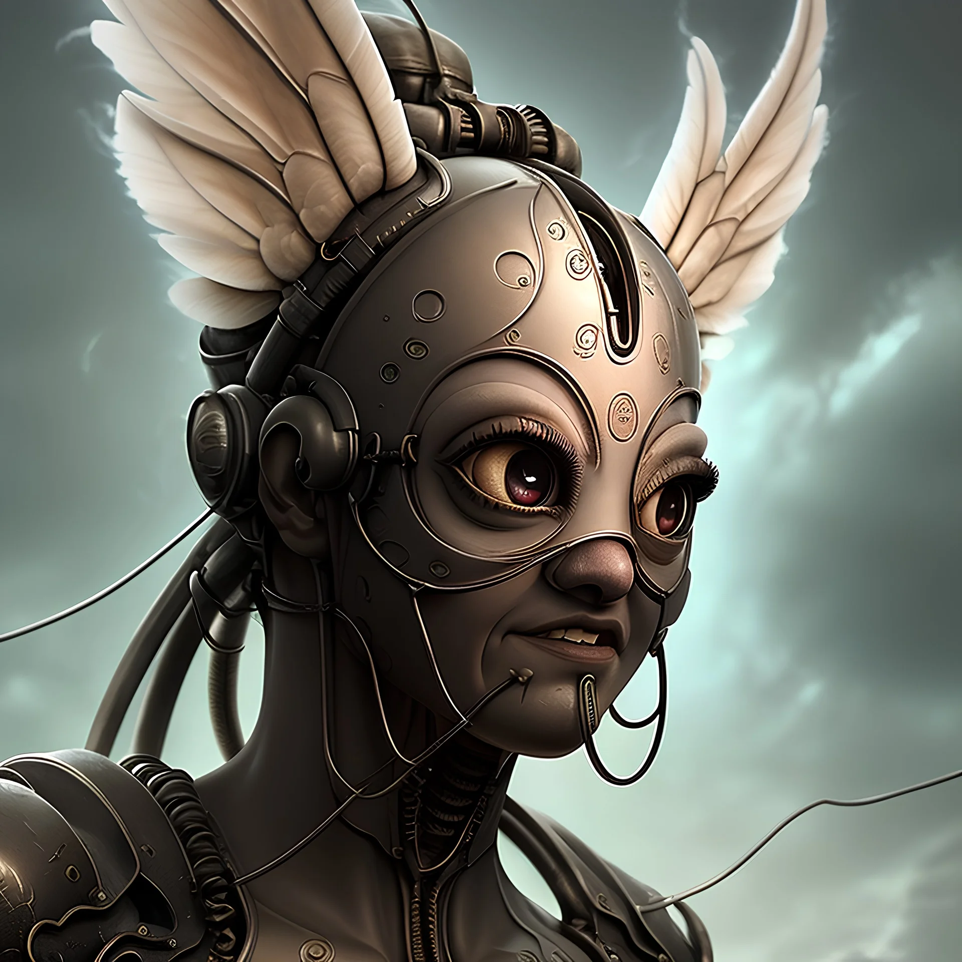 Center full image, hyper realistic minion with bulging bloodshot eyes, clouds, evil grin, extremely detailed eyes, scales, feathers, hairy, bugs, porcelain, glass, shaving cream, cyber-wild award-winning art of unique intricate steampunk, Epic cinematic atmospheric 8k resolution, cyberpunk, neon,