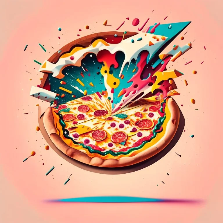 Imagina una pizza redonda sobre una mesa explotando pedazos saltando por el aire gráfica vectorial 2d detallada colores contrastantes