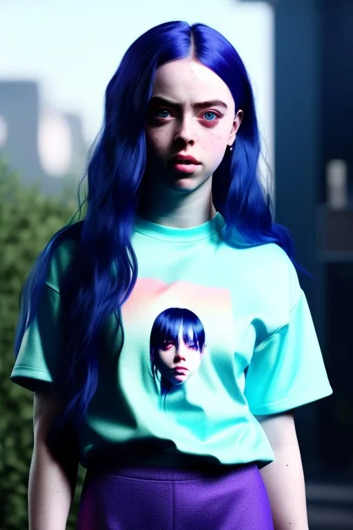 Billie Eilish, full body, on the bed, in my underwear, pale skin, high detail, realistic, 16k, not to be distinguished from a photo, identical pupils