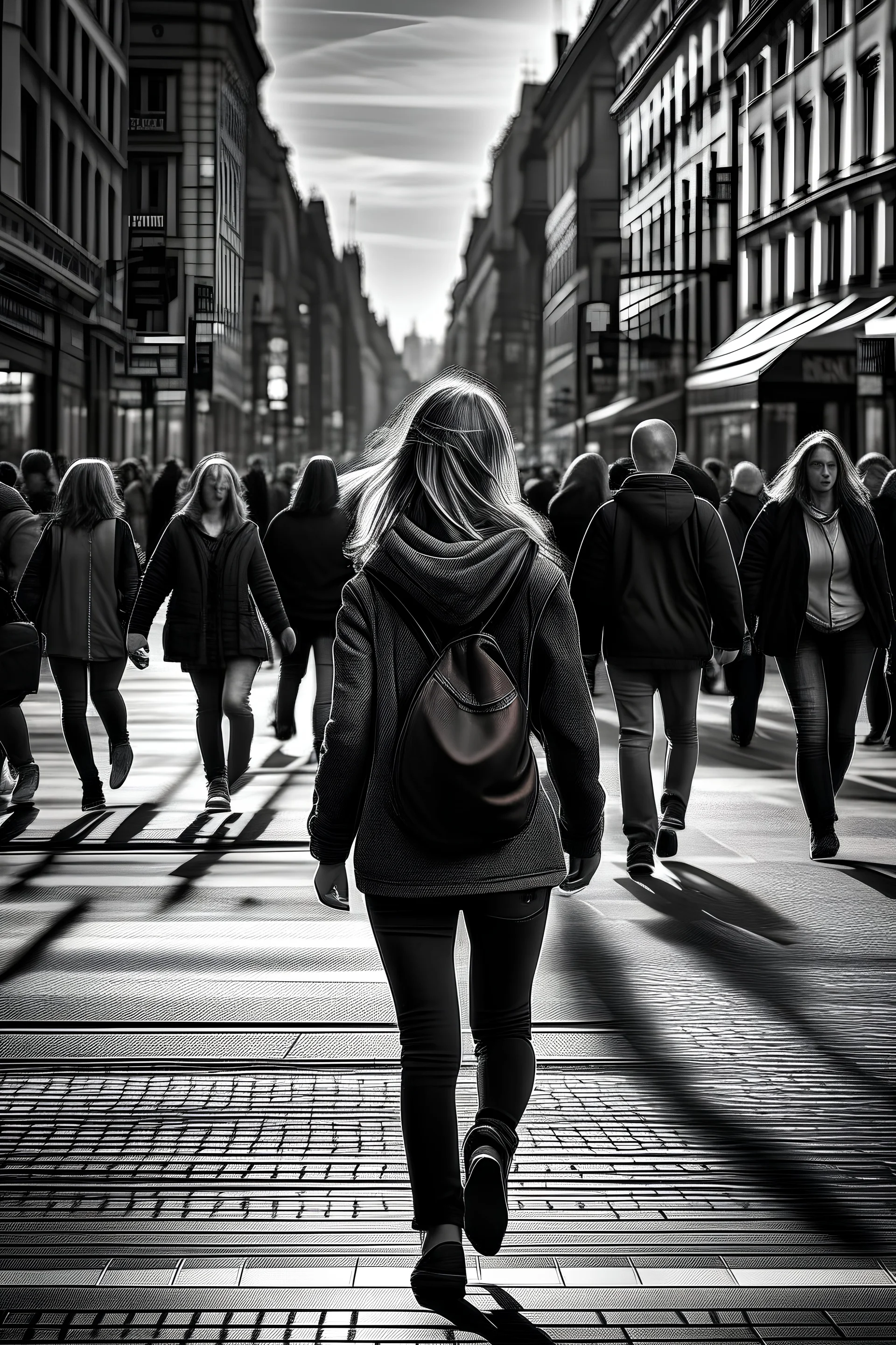 woman in the midle of a peatonal walk in e great city; behind her, unfocaused, other people walking, realism, black and white