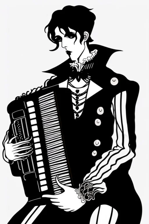 goth male necromancer with black hair playing a accordion in the style of Aubrey Beardsley