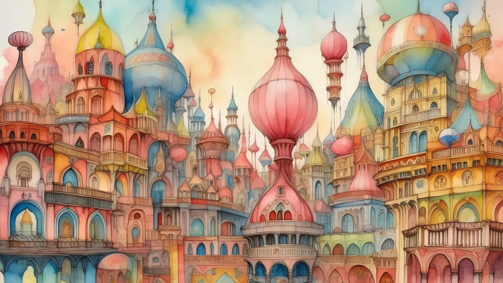 watercolor painting, A surreal, fantastical cityscape with a large, domed structure in the center, surrounded by various architectural elements, including columns, arches, and buildings with vibrant colors and patterns. The scene has a whimsical, dreamlike quality with floating objects and figures, creative, detailed brush stroke, minimal spalsh