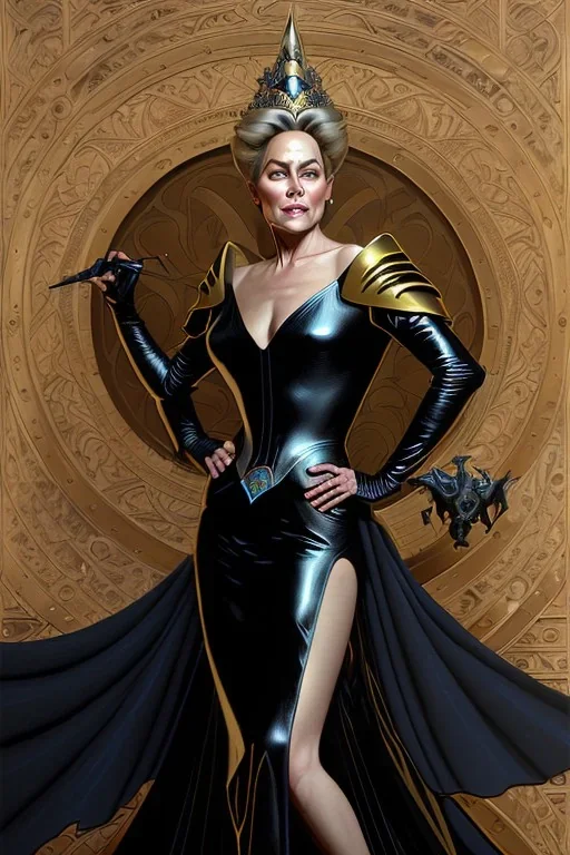 painting of Sharon Stone as evil queen in black leather gown, feminie, angry, stern look on her face, emperious, highly detailed, digital painting, artstation, concept art, smooth, sharp focus, illustration, art by gaston bussiere and alphonse mucha