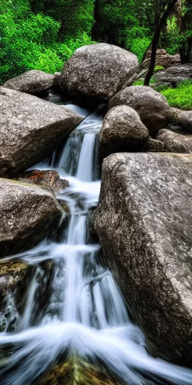 Water flowing in the huge rock of tree, realistic-high-definition, detailed, photography.