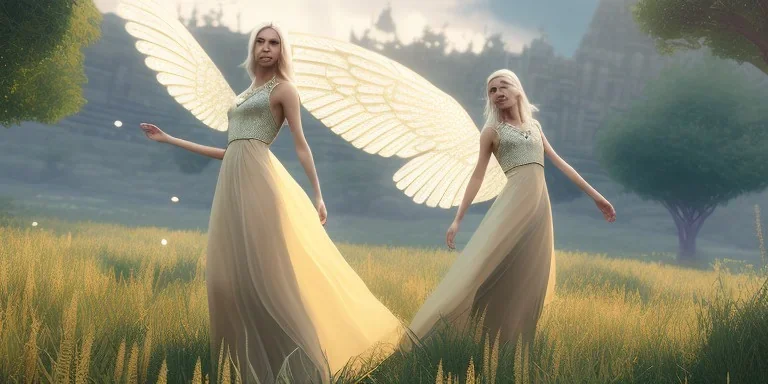 subtle queen, atmospheric, realistic, unreal engine, cinematic lighting, octane render, transparent long dress, blonde, full body, bright wings, smile, long hair