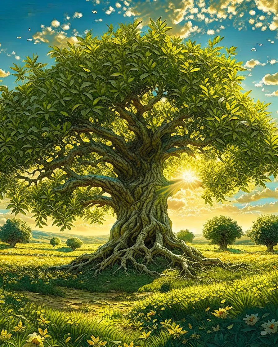 an ancient olive tree in the center of a sunflower field in in impasto style , golden light hour, blue sky full of cotton clouds, simple, peacefull, hyperrealistic --style raw --stylize 750 Modifiers: elegant 8k oil on canvas cinematic lighting very attractive beautiful dynamic lighting fantastic view close up Unreal Engine cinematic postprocessing acrylic art Surrealism Impressionist luminism Craig Rutkowski Tesselated 8k beautiful cinematic lighting elegant very attractive oil on canvas beauti