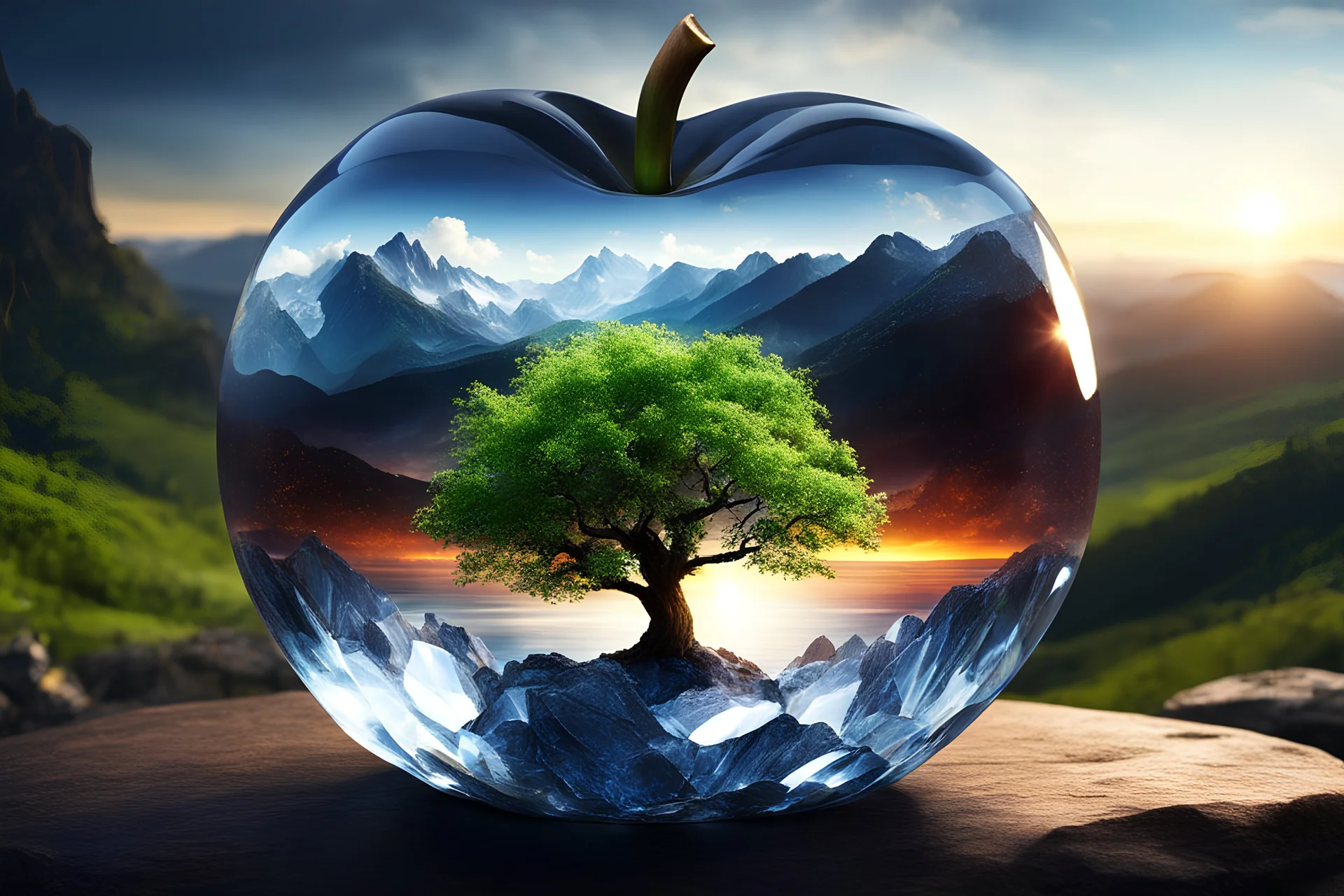 A crystal apple, Beautiful landscape inside ,dramatic scene,realistic,hd