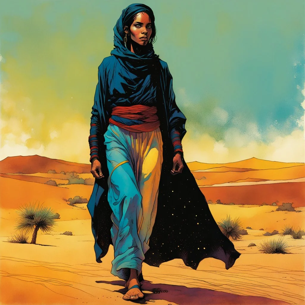 create an imaginative full body illustration of a Tuareg female, in traditional dress, with finely detailed facial features, short dreadlock hair, in a Saharan oasis, in the comic book art style of Bill Sienkiewicz, Mike Mignola, and Jean Giraud Moebius, finely textured, drawn, colored, and inked