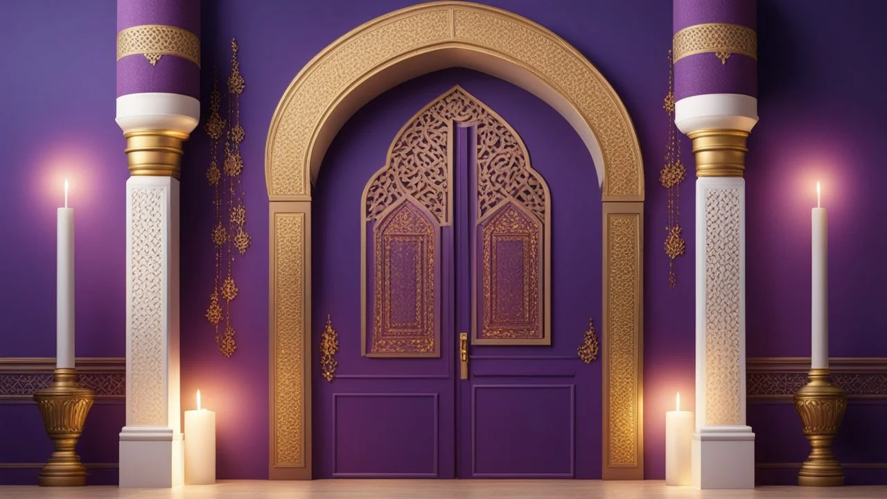 Hyper Realistic Garland-Light on Islamic-Architectural-Mosque-Open-White-Door-&-Navy-Wall on Purple-Rustic-Wall with maroon-crafting-on-Golden-pillars with nightly-ambiance