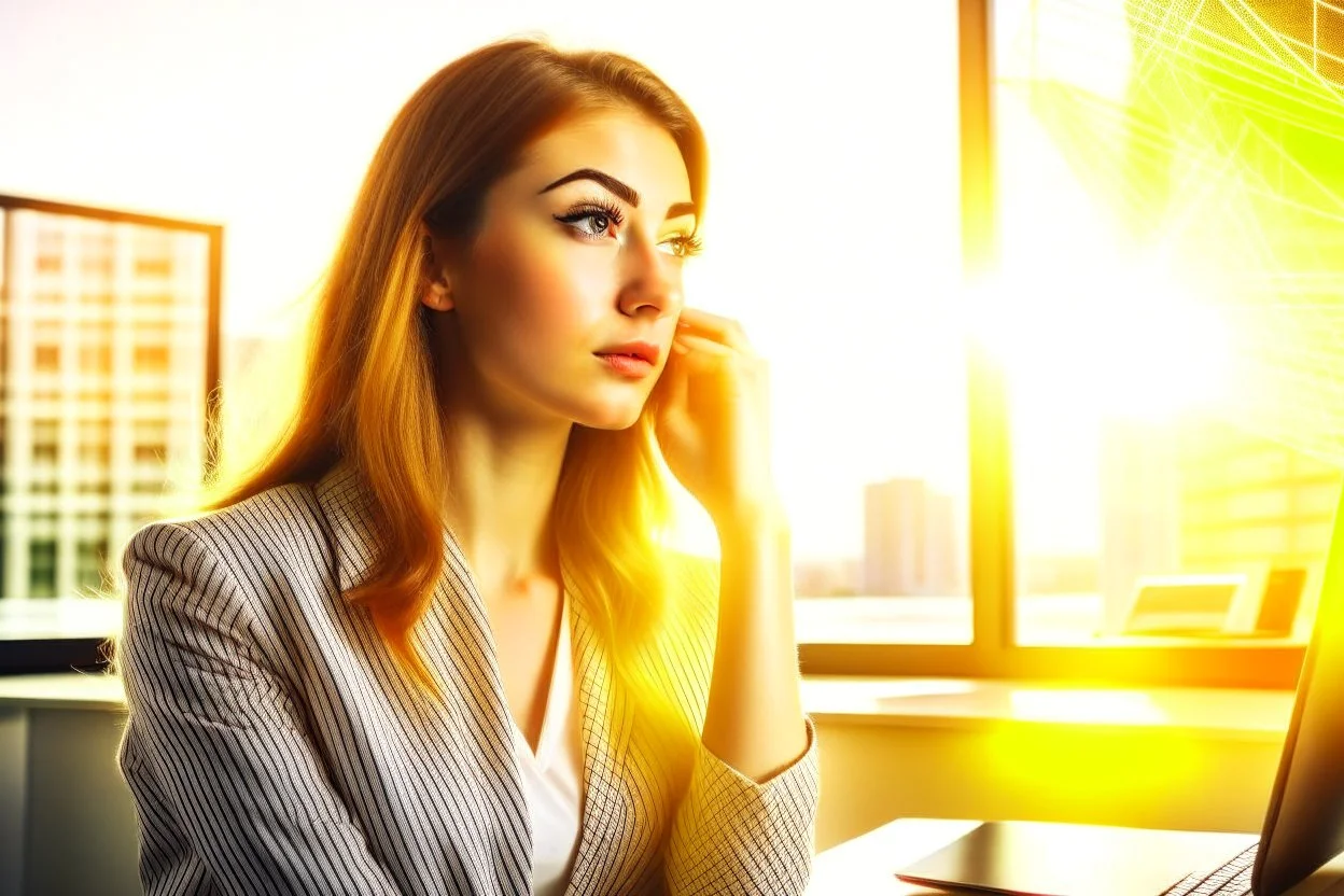 Beautiful problem solving woman in a modern office in sunshine