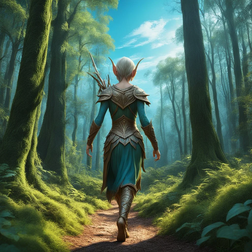 Imagen de arte lineal de un elfo caminando en el bosque, calidad ultra, hiperdetallado, 8k, 3d, colores complementarios, cielo azul