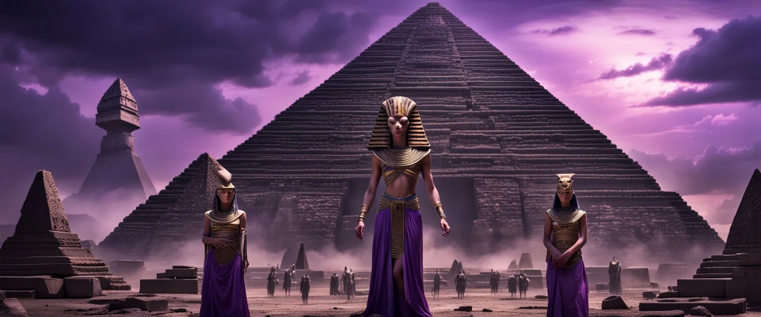 Hyper Realistic Beautiful-Alien-Cleopatra standing her prehistoric-pyramid with her alien-prehistoric-guards in-perfect-symmetrical-order & ancient ruins behind them with purple-cloudy-sky at dark-heavy-rainy-night giving dramatic & cinematic ambiance