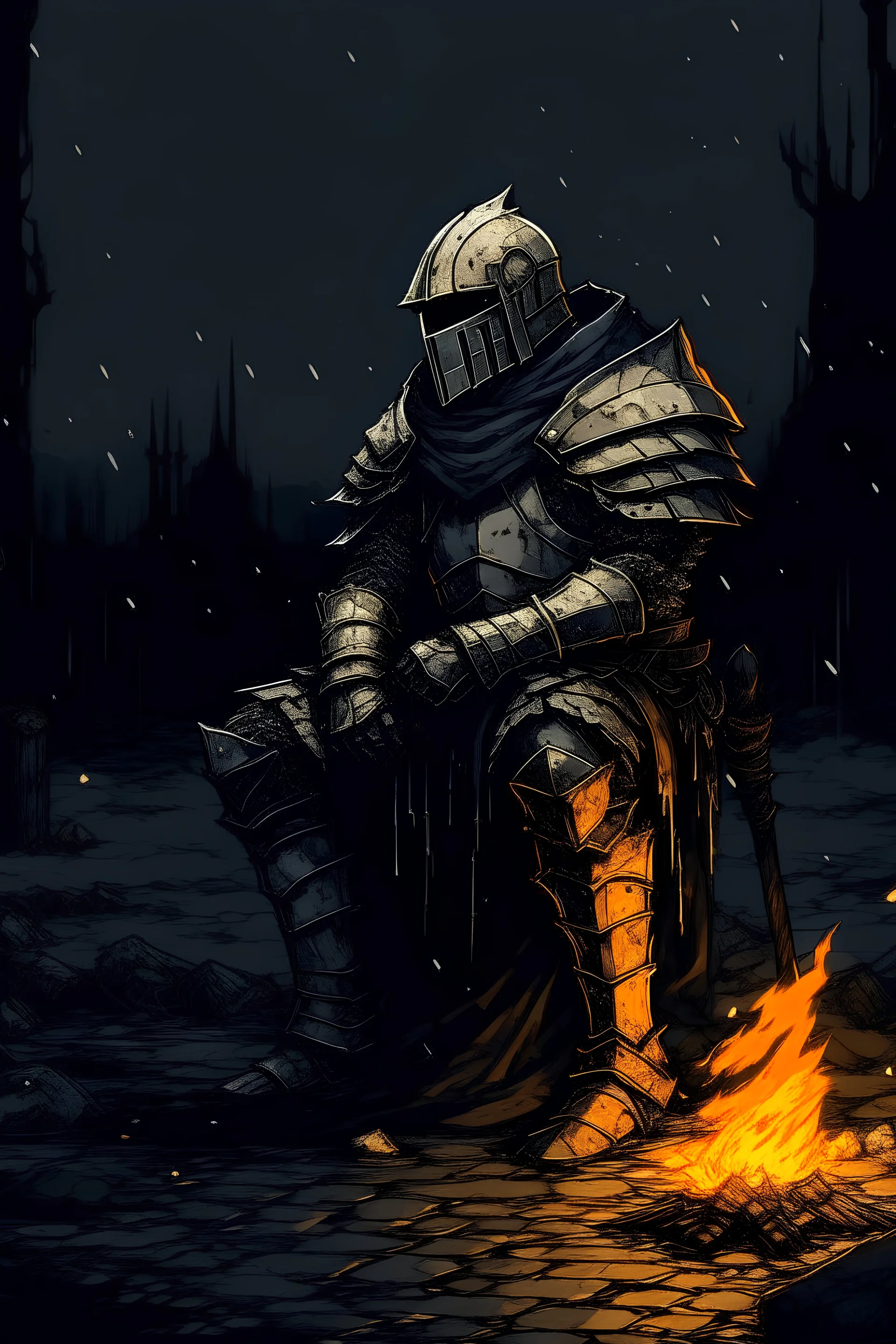 Cavaleiro em uma noite chuvosa com uma fogueira estilo dark souls