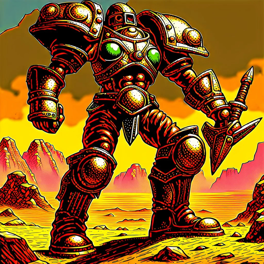 90's TCG art retro fantasy art of neuclear warrior with huge pauldrons in wasteland