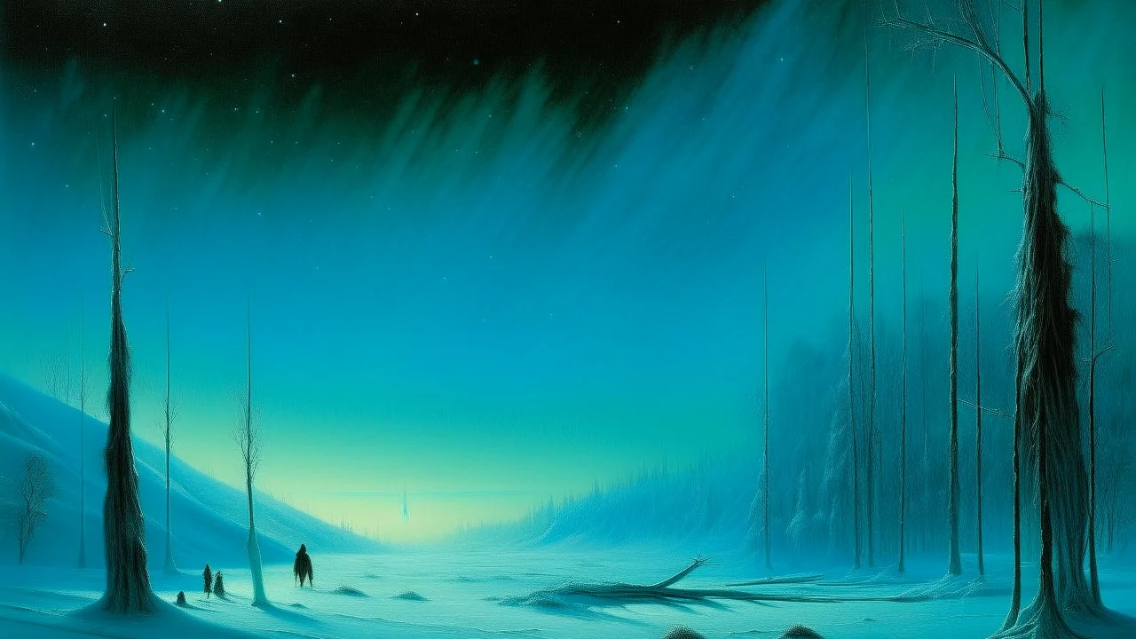 A cyan cold snowfield under the glittery Northern lights painted by Caspar David Friedrich
