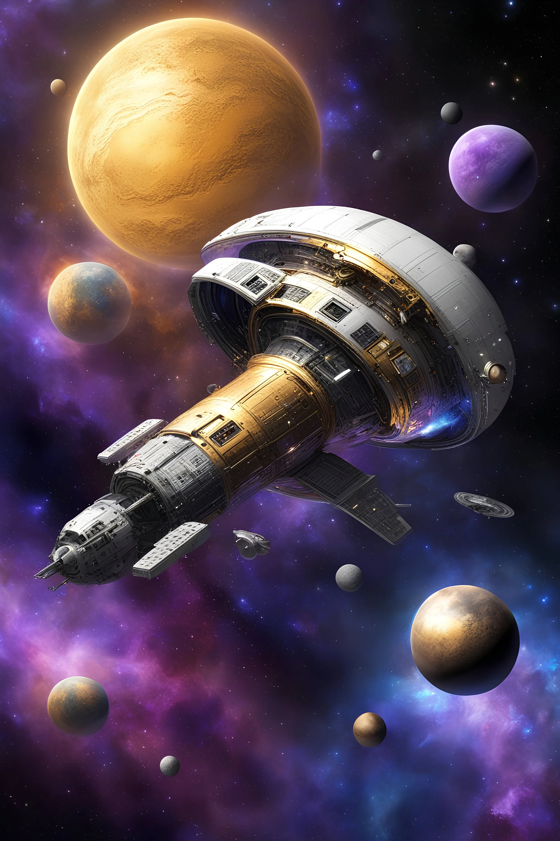 spacecraft in gold, silver, black, blue, purple, background space, stars, planets, nebulas