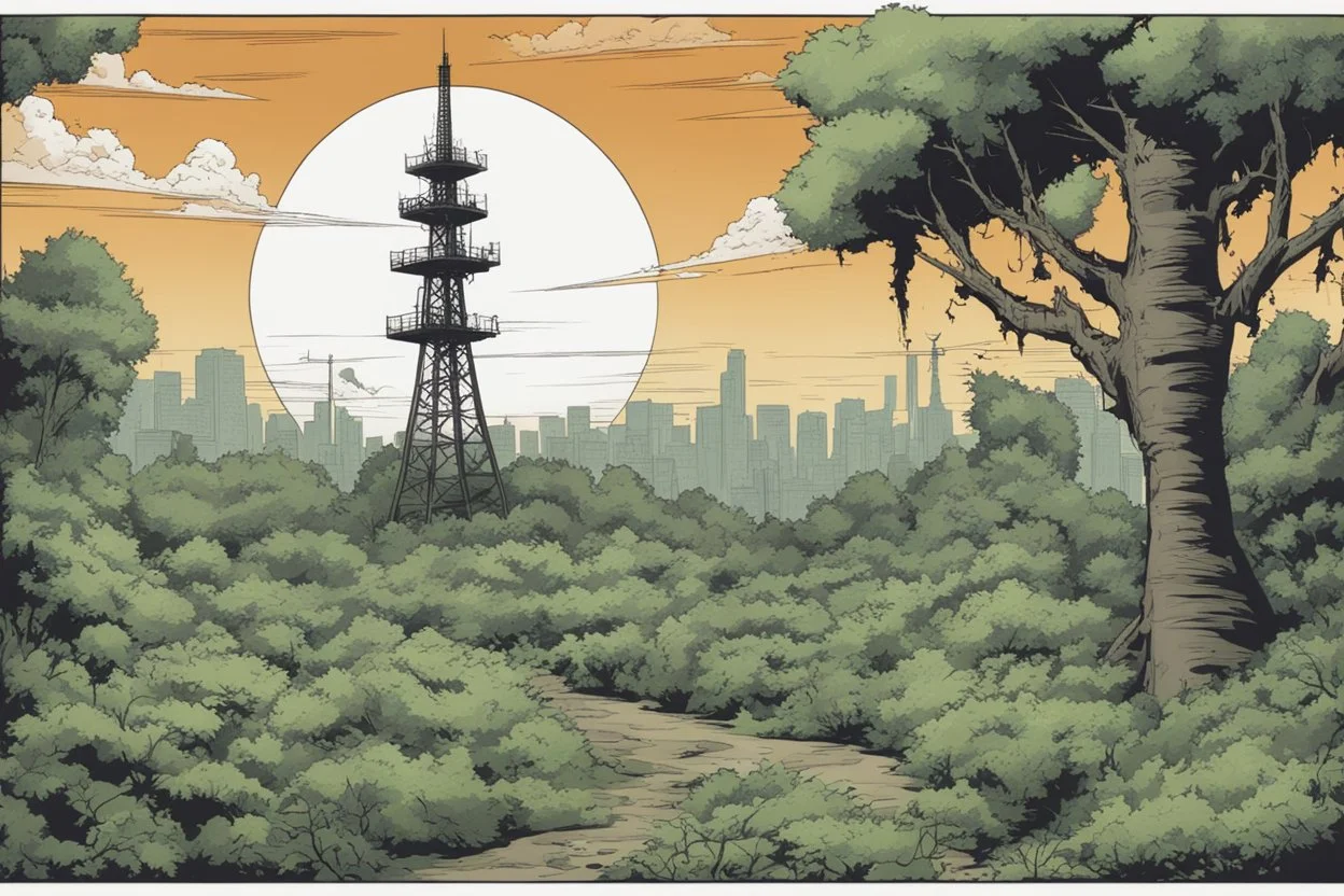 radio tower, overgrown apocalyptic, background, comic book,