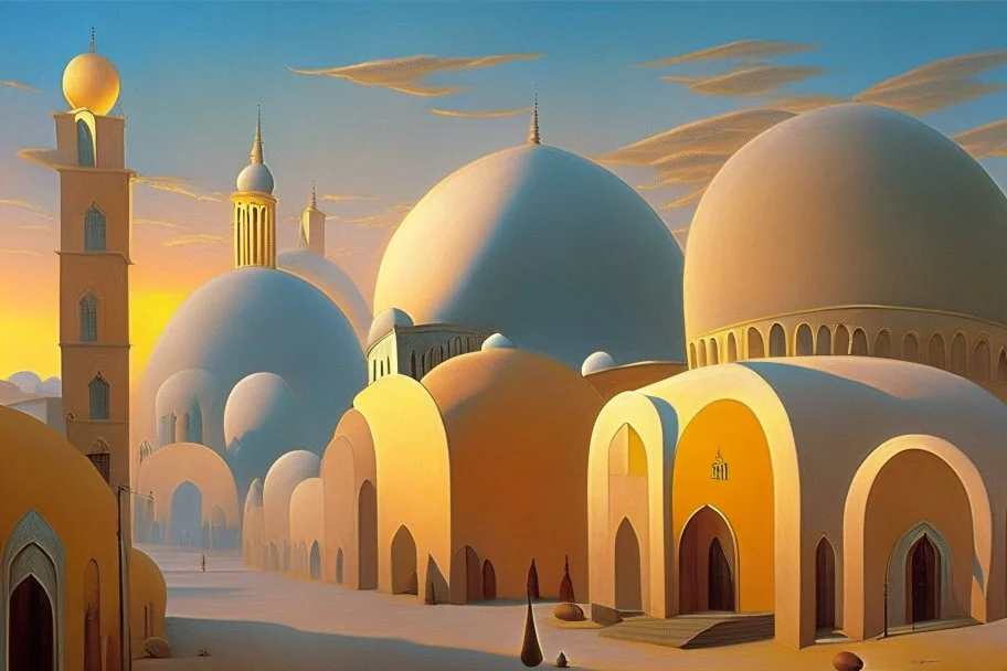 A surreal town with arches and domes, clouds and with long shadows by artist "Berndnaut" and "Leonora Carrington" and "de Chirico" at sunset