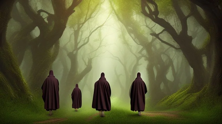 Black robed, hooded monks on the forest path