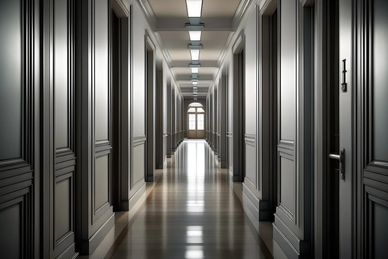 wide corridor full of closed doors with a single open doorway