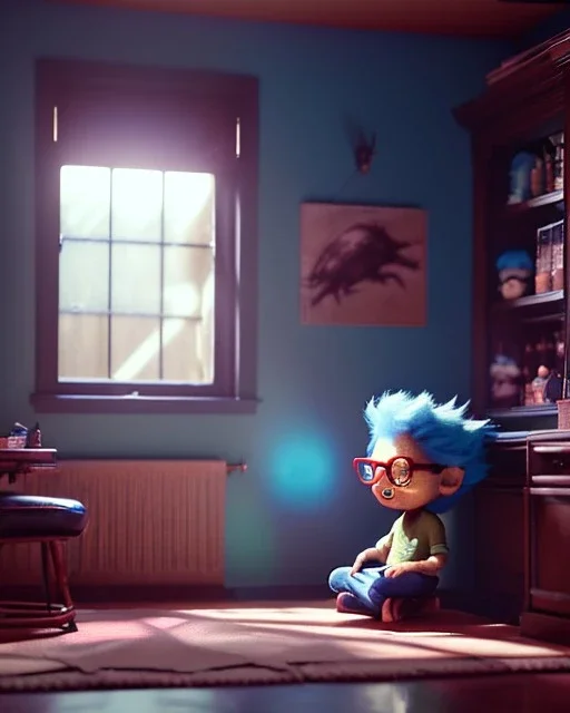 Boy room scene with color hair monster, Steven Spielberg style, realistic photo, sweet, concept art, smooth, unreal engine 5, god lights, ray tracing, RTX, lumen lighting, ultra detail, volumetric lighting, 3d.