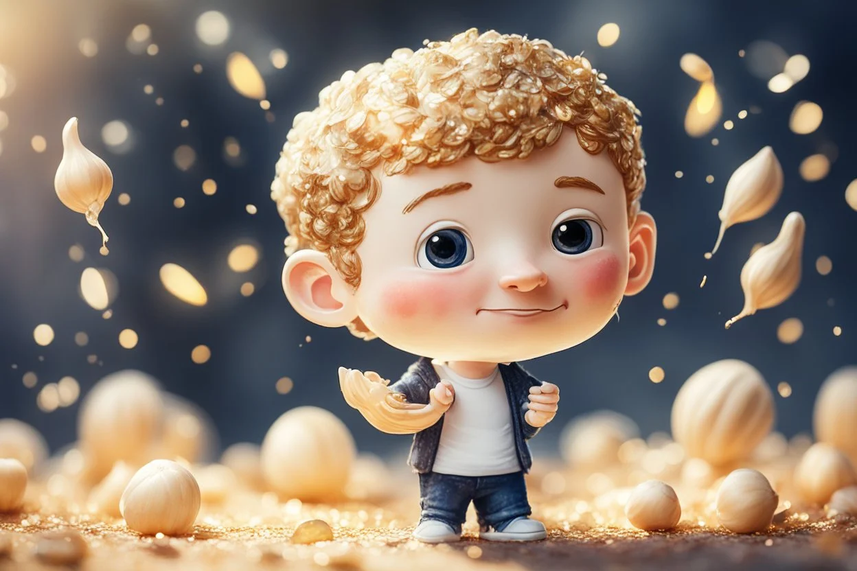 cute chibi mark zuckerberg with a big garlic in sunshine, watercolor and black in outlines, golden glitter, ethereal, cinematic postprocessing, bokeh, dof