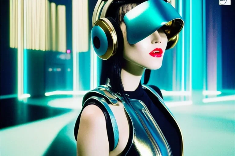 Photographic. Technological utopia. Machine, milky fake skin, old-camera-eyes. 3D-tiling on the adaptive background. Lightly armored. Cyber-punk full-mask. Lay figure woman is Surreal. Haute Couture 1990's. Light from right. Colors are silver, black, Cyan. AKG headphones, golden rings & disc. Logo. Thick tights. Thick calves. Curved fell. Wide hip. Cannot cure. Tron Movie, grotesque. Countermove. Revolution. Matrix and Tron movies. Daft Punk!