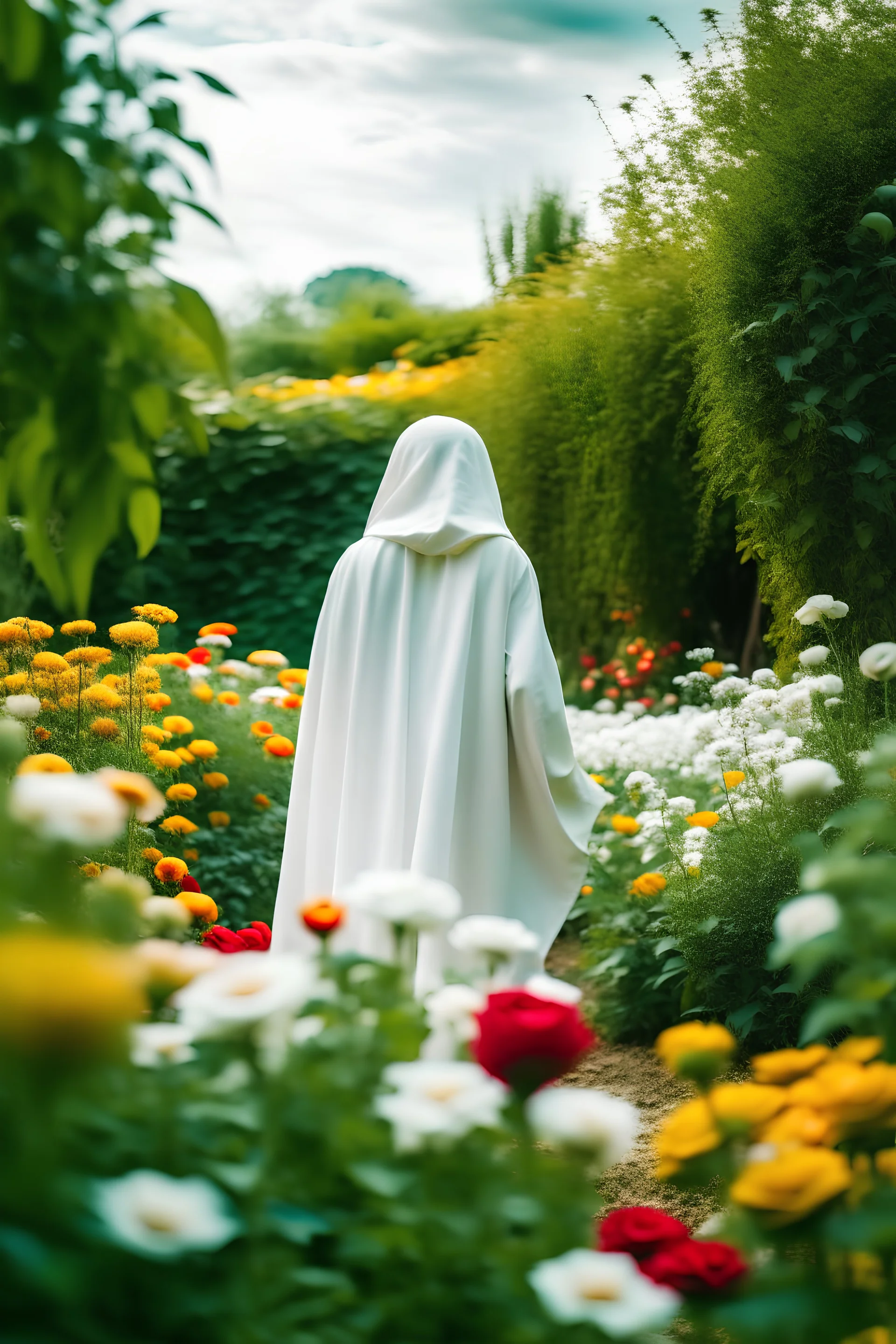 imam with her islamic white cloak from behind standing in paradise full of flowers